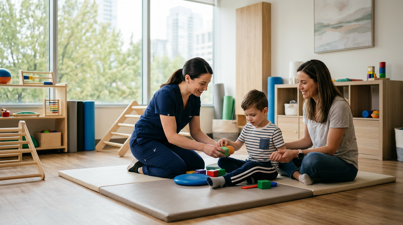 Roditelj i dijete u razgovoru sa terapeutom u mirnom prostoru
